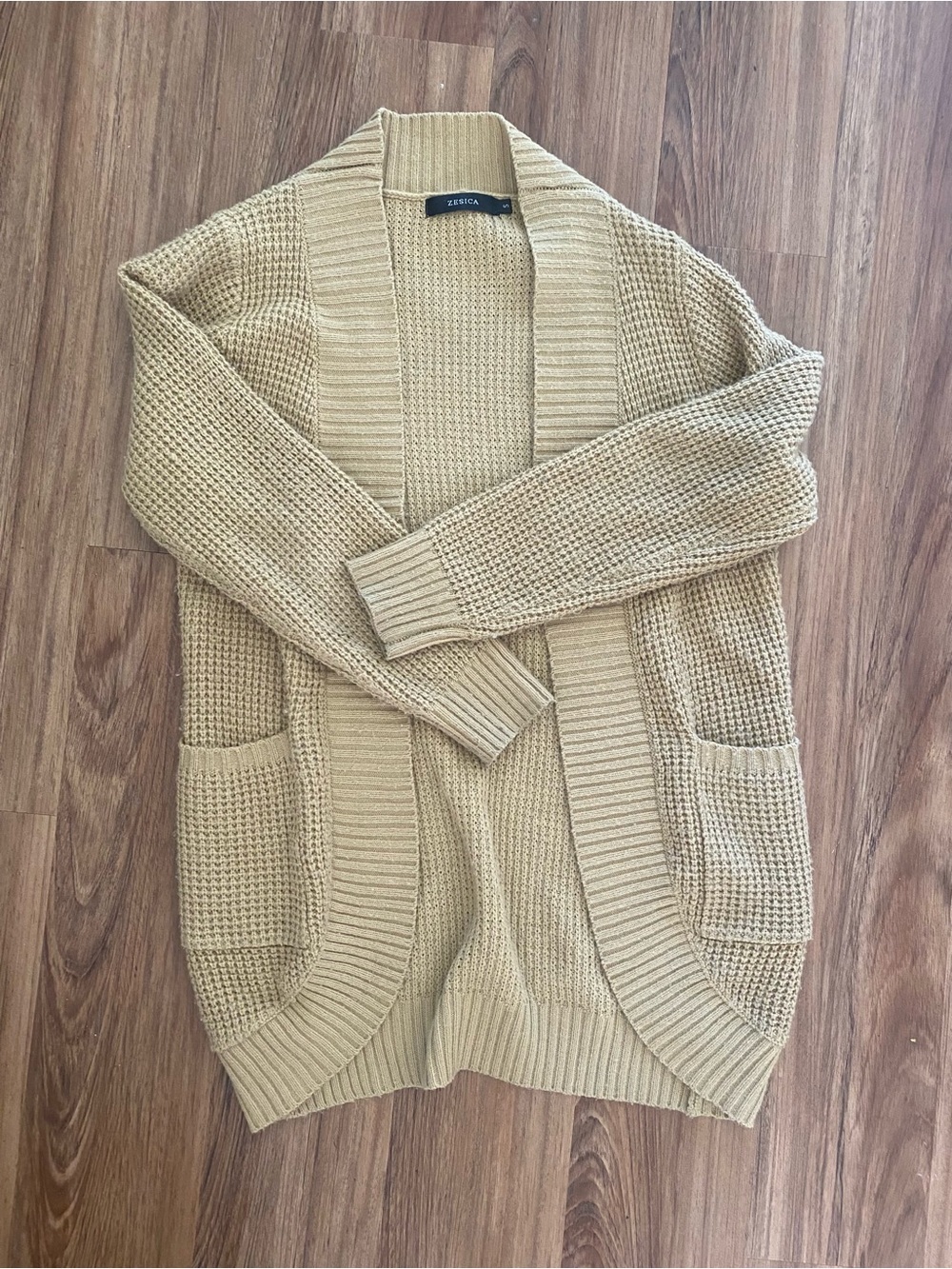 Zara Women's Beige Open-Front Ribbed Trim Cardigan